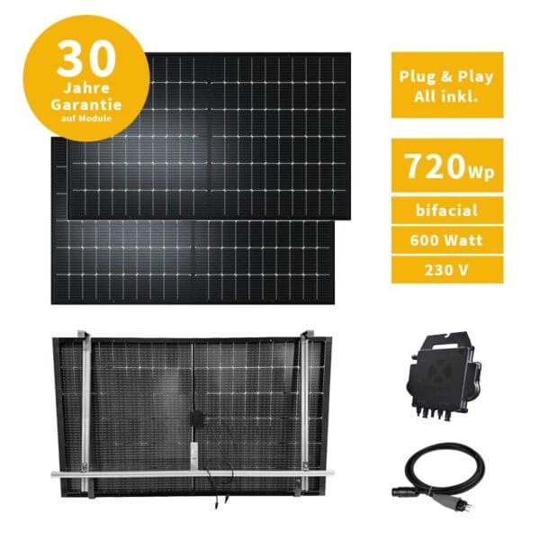 Balkonkraftwerk PV Solaranlage (mit Aufhängesystem) / 720 Wp / 600 Watt / 230 V